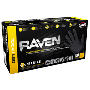 Extra-Large SAS Safety Raven Disposable Black Nitrile Gloves, Box of 100